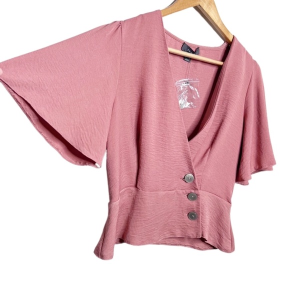Primark Womens Short Sleeve Wrap Button Dusty Rose Peplum Formal Crop Top Blouse - Picture 6 of 16